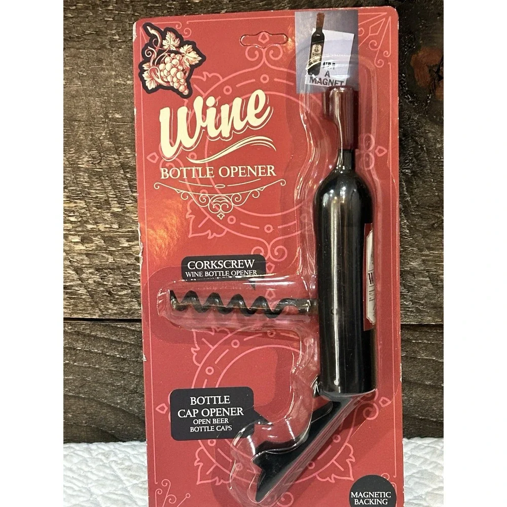 Multifunctional Corkscrew & Bottle Opener Black Red Metal Magnetic Backing